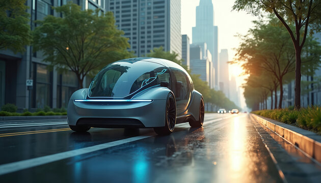 Futuristic auto drives on wet city street past tall buildings and trees. Modern transport offers clean energy travel in urban environment. Green eco vehicle moves on road.