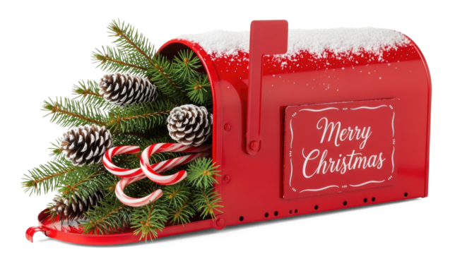 A red mailbox filled with Christmas decorations, including pine branches, pine cones, and candy canes, with a sign that reads 'Merry Christmas'. The mailbox is red and has a png transparent.