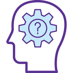 Outline of a human head profile in purple with a light blue gear and question mark inside representing a thought process or confusion in a conceptual illustration