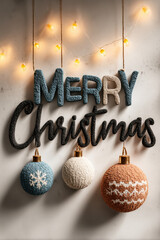 Merry Christmas typography with ornaments and warm fairy lights on a bright white background