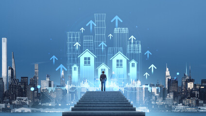 Rising real estate market concept with businessman looking at gl