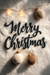 Merry Christmas text with ornaments and glowing fairy lights on snow-white background