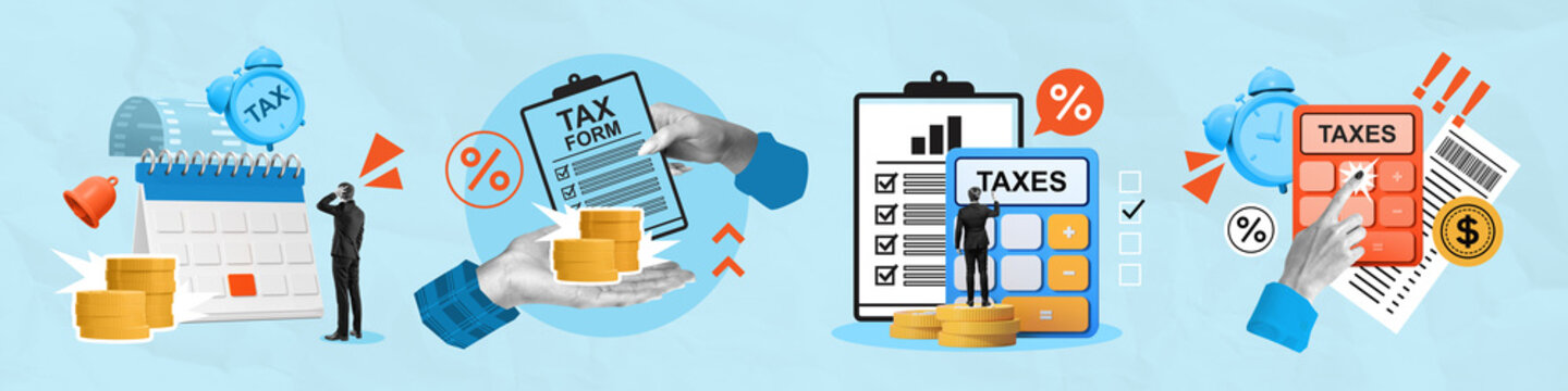 Creative concept collage showing tax forms, deadlines, and calcu