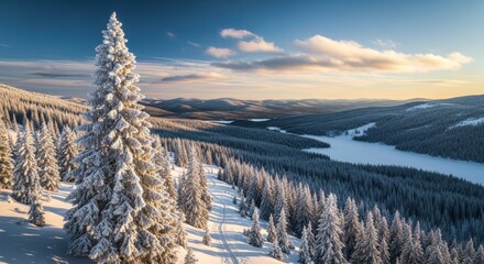 Stunning winter landscape with snow-covered trees and a serene lake in the distance at sunset