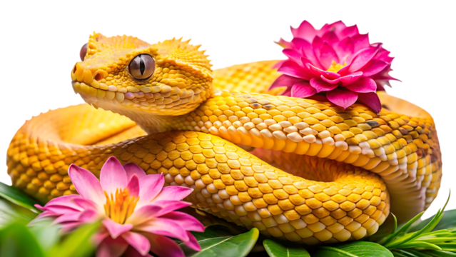 A vibrant yellow eyelash viper coiled amongst lush green leaves, adorned with two delicate pink flowers, showcasing its unique scales and piercing eyes isolated on transparent background