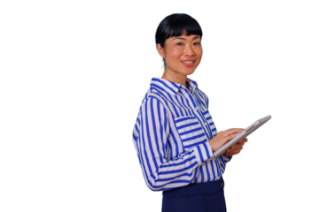 Female doctor smiling while pointing, healthcare professional indicating medical information or advice, transparent background