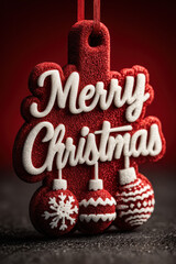 Merry Christmas message with holiday ornaments on rich red gradient