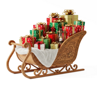 A beautifully decorated wooden sleigh filled with colorful Christmas presents, surrounded by a soft white blanket and a cozy lantern, against a png transparent.