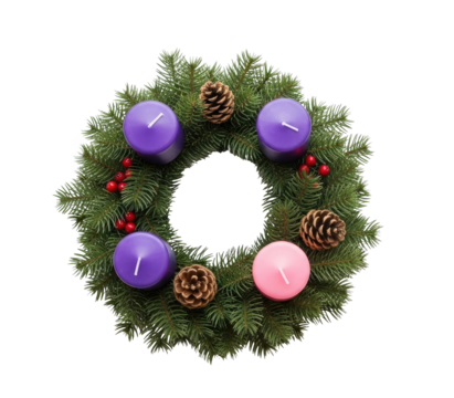A green Christmas wreath with purple and pink candles and pine cones on a png transparent.