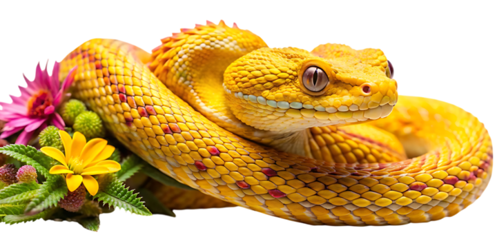 A vibrant yellow bush viper snake coiled with colorful flowers, isolated on transparent background