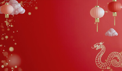 Obraz premium Chinese New Year background with gold snake, lanterns and red festive backdrop