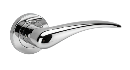 Shiny Chrome Door Handle Lever with Circular Base on Transparent Background Showing Reflective Metallic Surface