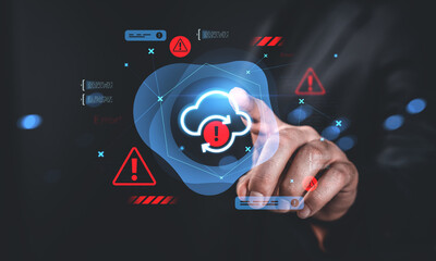 Cloud system failure warning concept with hand touching virtual error icon on futuristic interface background in digital technology style.
