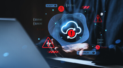 Cloud data error concept with warning signs and digital interface displayed above open hands in futuristic creative style on dark background.