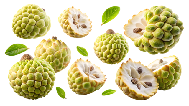 A collection of custard apples, also known as sugar apples, and soursop, with some cut in half to reveal the seeds and white flesh, isolated on transparent background