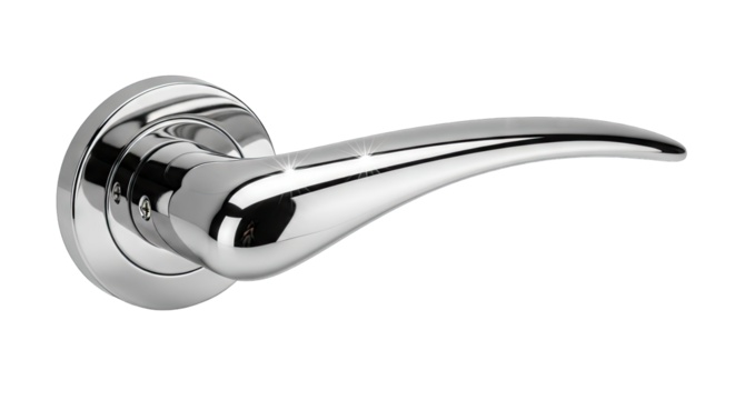 Shiny Chrome Door Handle Lever with Circular Base on Transparent Background Showing Reflective Metallic Surface