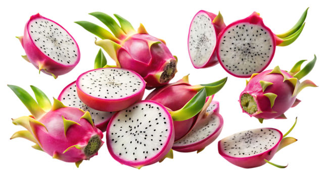 A vibrant collection of fresh dragon fruits, with some whole and others sliced in half to reveal their speckled white flesh and tiny black seeds, isolated on transparent background