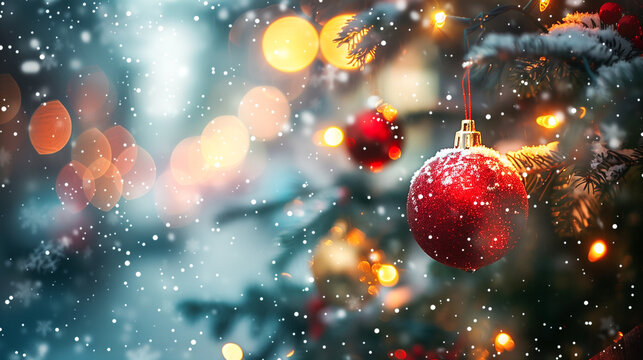 Christmas tree ornament with bokeh lights and falling snow in close-up