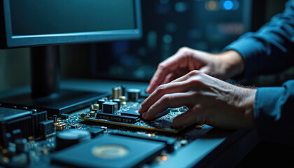 Technician builds computer. Man works on PC hardware. Closeup of hands assembling computer motherboard with components. Person installing computer parts.