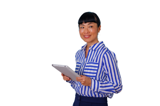 Professional female doctor in a lab coat smiling, pointing to the side with both hands. Transparent background