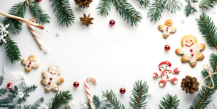 Christmas gingerbread cookies and fir branches arrangement on white background - Powered by Adobe