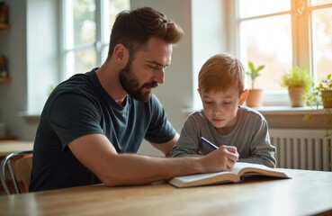 Dad helps son with schoolwork at home. Father explains task to boy. Caucasian man and child at table read book. Education family time. Homework together concept.