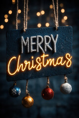 Merry Christmas lettering with ornaments and twinkling lights on midnight blue