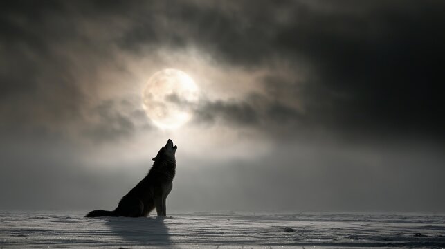 Loup solitaire hurlant &agrave; la pleine lune dans un paysage d&eacute;sol&eacute;