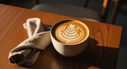A close-up shot of a creamy latte in a ceramic mug, featuring intricate fern-leaf latte art. The mug sits on a warm, polished wooden table next to a folded linen napkin, bathed in natural 
