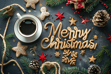 Merry christmas festive arrangement with coffee and gingerbread cookies