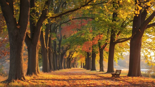 Peaceful autumn park pathway lined with vibrant trees and golden sunlight