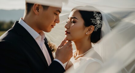 Couple sharing a tender moment during their outdoor wedding ceremony on a sunny day with a scenic backdrop