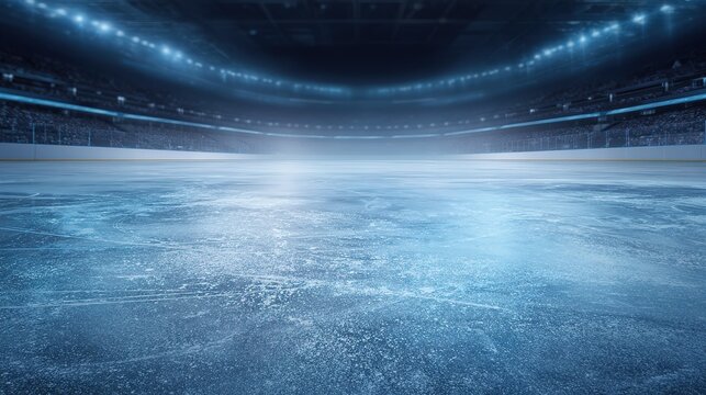 Architectural design perspective of ice rink interior, glowing surface and layered light showing structure