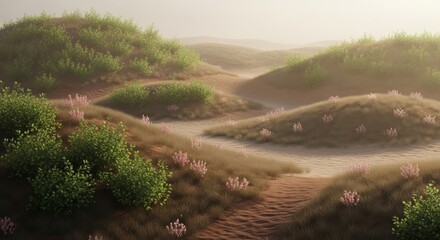 A breathtaking and tranquil landscape showcasing rolling sand dunes softly illuminated by diffused light, creating a hazy, ethereal atmosphere. The golden-brown sand is adorned with 