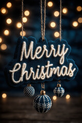 Festive Merry Christmas text with ornaments and lights on deep blue background