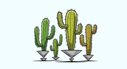 A vibrant and cheerful cartoon illustration features a trio of stylized cactuses, each 