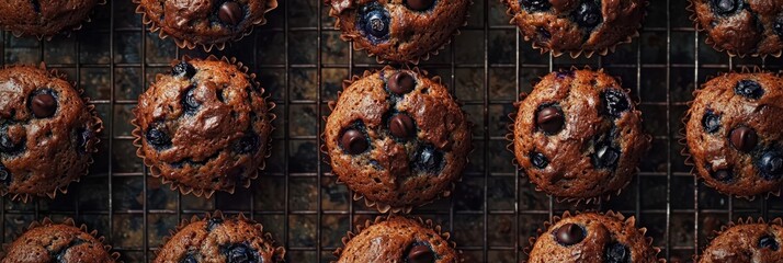 A close-up of freshly baked muffins on a cooling rack, with chocolate chips and blueberries