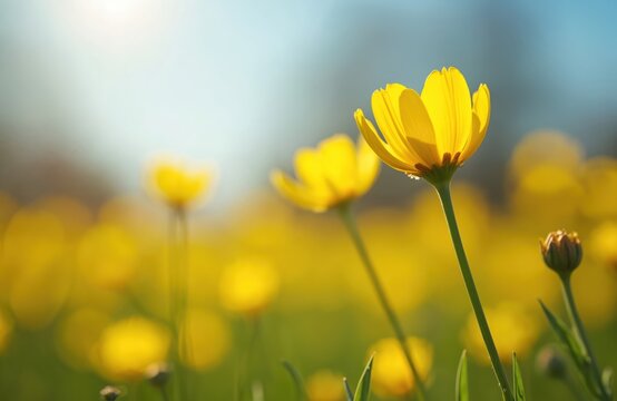Close up photo of yellow buttercup flowers in sunlight. Blossoms bloom in a field during daytime. Focus on vibrant petals. Springtime nature scene with wildflowers.