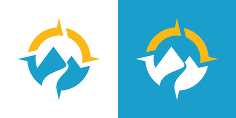 Navigation Mountain River Logo , A dual-meaning design combining a navigation symbol with mountains and a river, representing exploration, direction, and natural adventure
