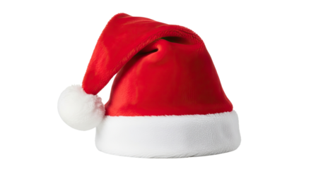 A red Santa hat with a white pom-pom on a png transparent.
