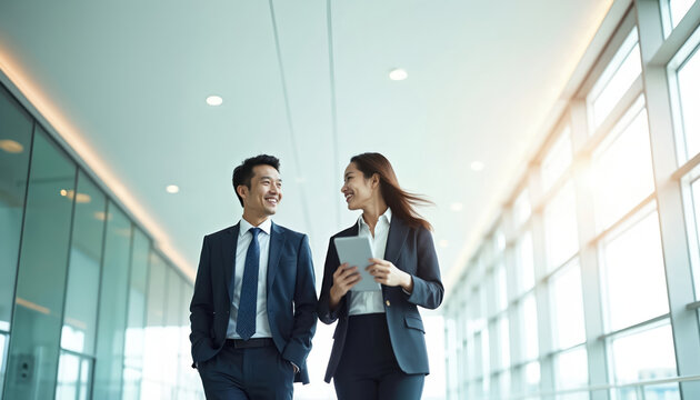 Two Asian business professionals in suits walk, talk. Man, woman smiling, holding tablet. They are in modern office hallway with large windows, bright natural light, discussing work, future plans.