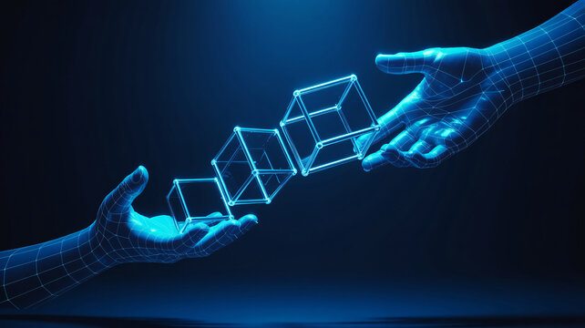 Futuristic glowing hands sharing geometric data blocks in a dynamic digital network, perfect for blockchain, technology and modern business solutions concepts