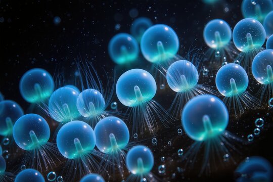 Glowing blue jellyfish cluster drifting through dark ocean background with ethereal orbs and trailing translucent tentacles