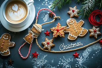 Christmas morning coffee with gingerbread cookies and festive decor