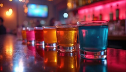 Row of colorful alcoholic shooter drinks on bar counter. Small glasses contain bright liquids like blue, red, yellow and pink. Nightclub or pub scene with neon lights and reflections.
