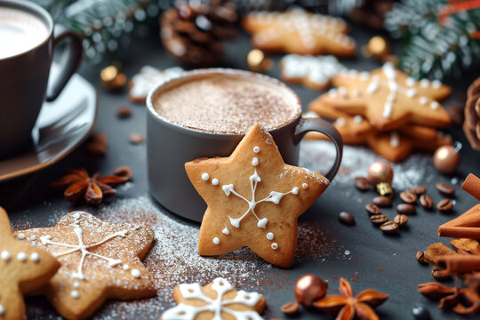 Christmas star cookies and hot chocolate with cinnamon and anise - Powered by Adobe