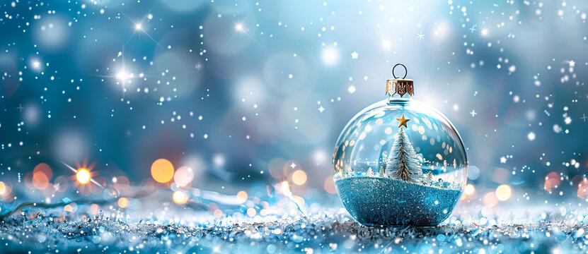 Christmas bauble with winter forest scene inside, snowfall and bokeh lights