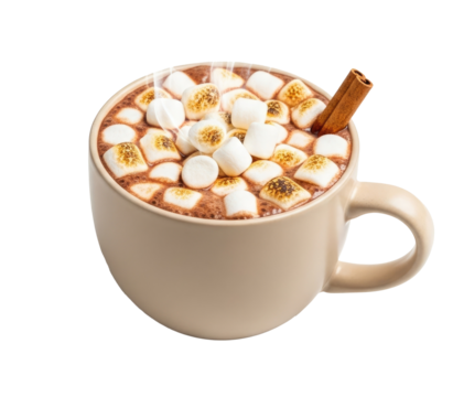 A steaming cup of hot chocolate with marshmallows and a cinnamon stick, set against a png transparent.