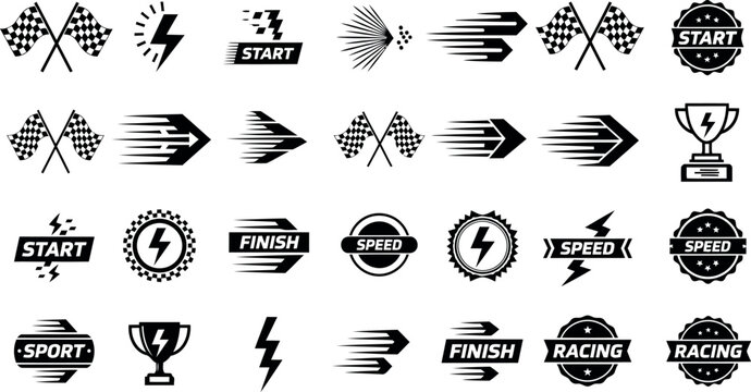 Collection of Racing and Speed Icons Checkered Flags Arrows and Trophies.