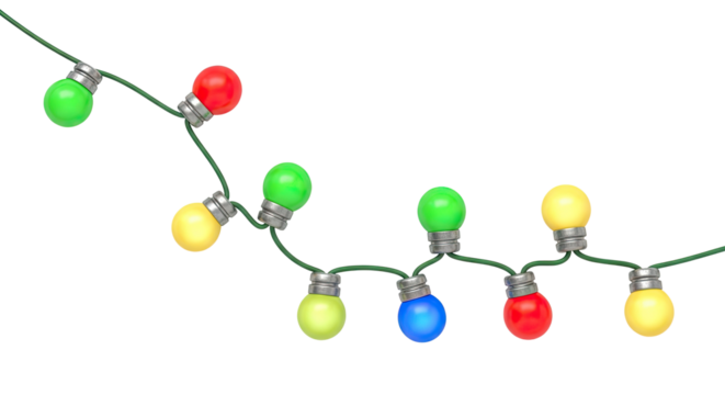 A string of colorful Christmas lights with green wires.